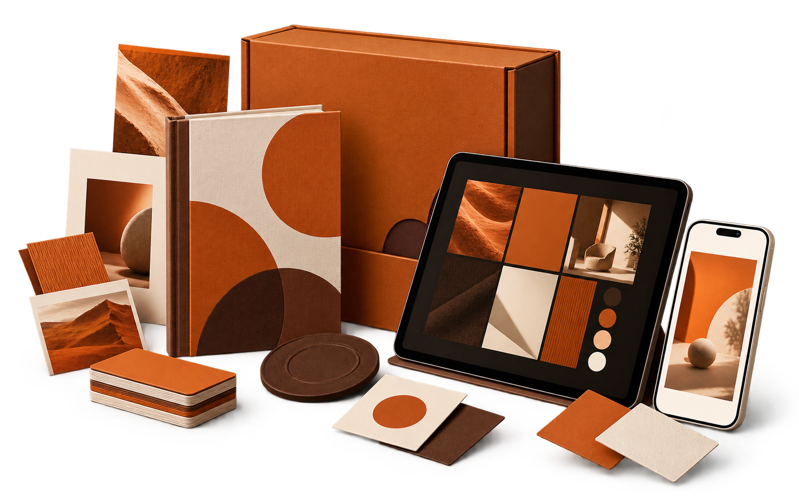 Kit visual de marca com materiais, tablet e celular