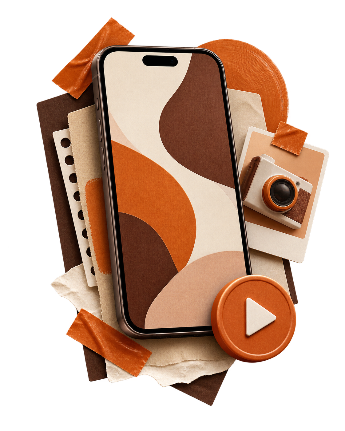 Composição criativa com celular, câmera e elementos editoriais