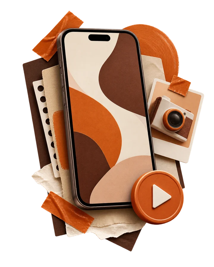 Composição criativa com celular, câmera e elementos editoriais