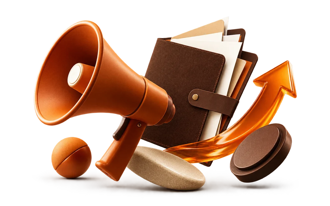 Megafone e elementos de proposta representando o próximo movimento