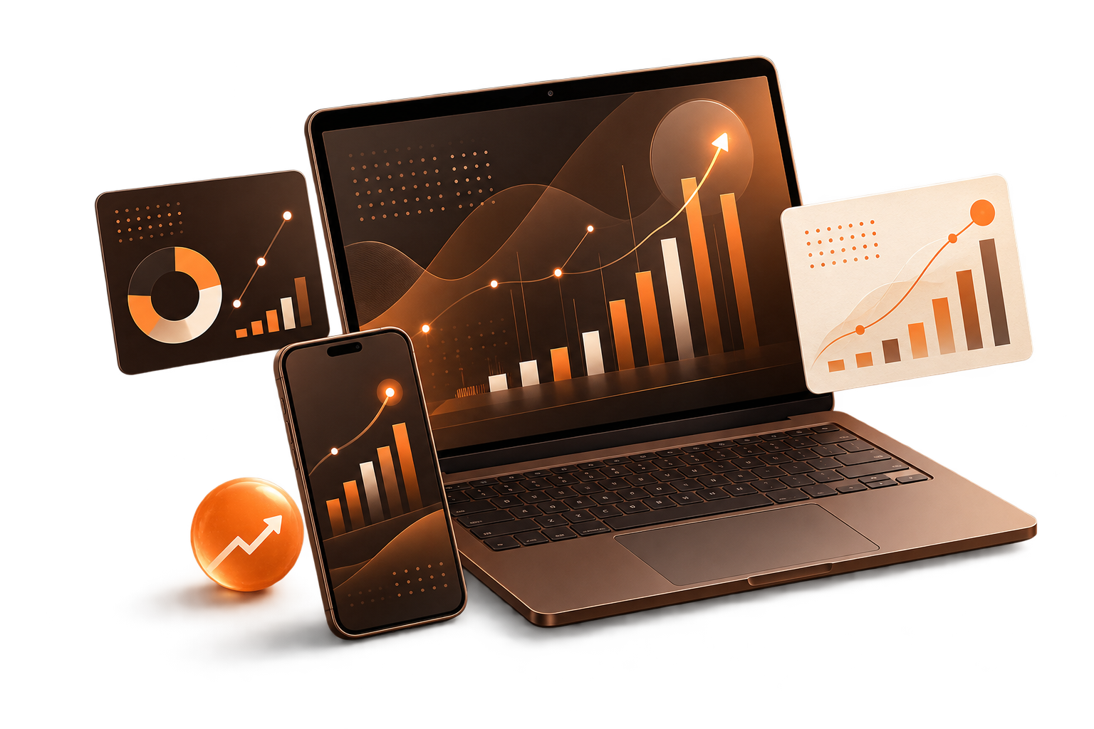 Painel visual de dados e crescimento em notebook e celular